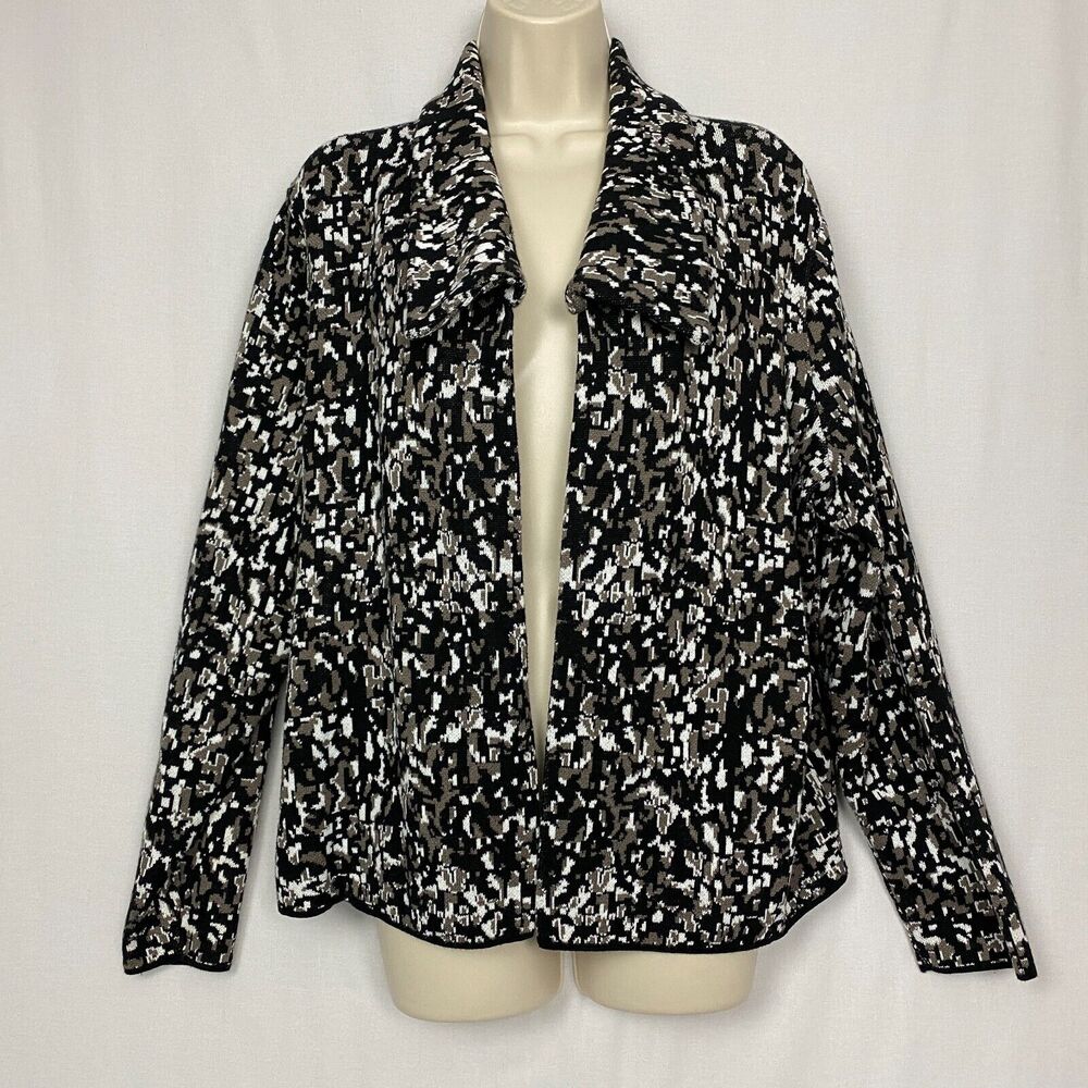 Chicos Size 3 Cardigan Sweater Open Front Black Gray White Blazer Shacket Office